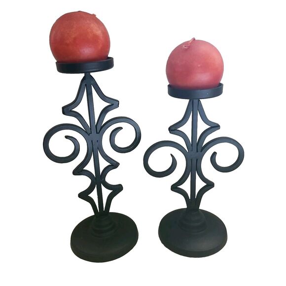 Unbranded Other - Matte Black Metal Fleur De Lis Pillar Candle Holder Set of 2 Gothic Farmhouse